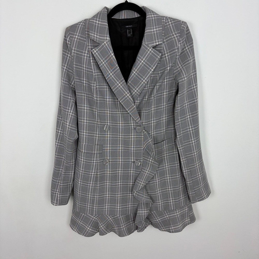 Forever 21 Plaid Ruffle Hem Blazer Coat Grey Preppy Coquette Academia Medium